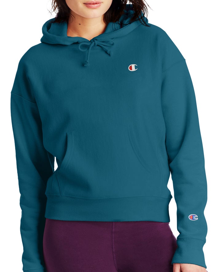 Champion Reverse Weave C Logo Kadın Kapşonlu Sweatshirt Mavi ( GOESVH054 )